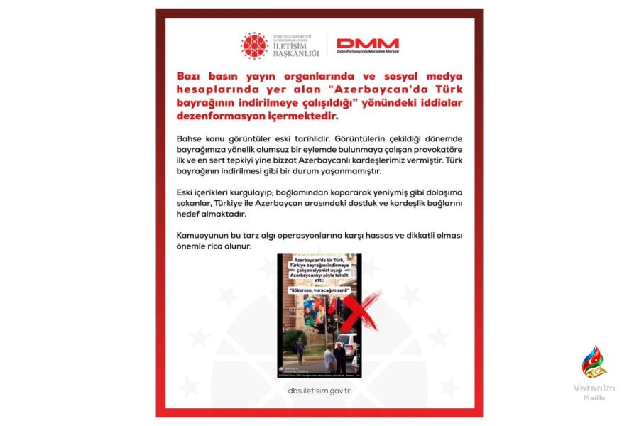 Türkiyə PA: Bayrağın Azərbaycanda endirilməsi barədə iddialar dezinformasiyadır